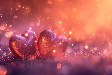 Two hearts on a purple blurred and bokeh background Ai generative