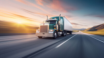 Sunset drive with powerful semi-truck on open road, freight transport, logistics service, highway speed, industry, delivery, dusk sky, travel, cargo.