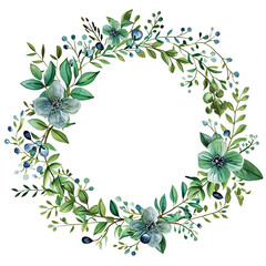round frame of green leaves drawn in watercolor on a transparent background
