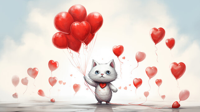 Valentines Card With  a cat with red balloons