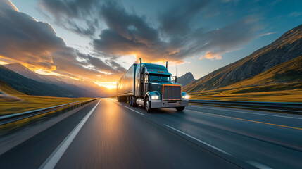 Semi-truck driving at sunrise on a mountainous highway, beautiful dawn light, transportation industry, freight logistics, road travel, scenic route
