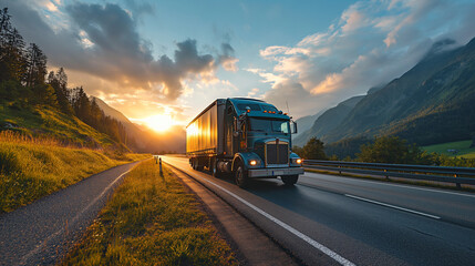 Semi-truck driving at sunrise on a mountainous highway, beautiful dawn light, transportation industry, freight logistics, road travel, scenic route