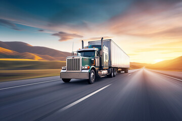 Fototapeta na wymiar Transportation logistics at golden hour with semi-truck on highway, fast delivery, commercial freight, road travel, industry, sunset, dynamic.