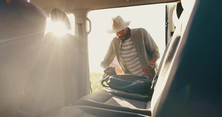 Road trip, friends and packing on a van with suitcase, backpack and travel on a holiday. Vacation, smile and happy people on a caravan with luggage on a journey and adventure with transportation