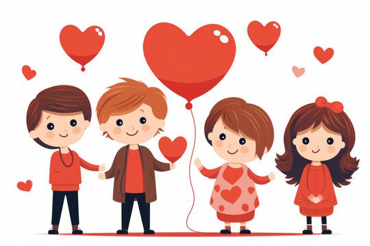 Children with Valentine's Day hearts, simple flat vector illustration, white background --no gradient, shadow --ar 3:2 --stylize 250 --v 5.2 Job ID: 1d9ddf60-b7fe-42e5-bc3d-6576c056d3d8
