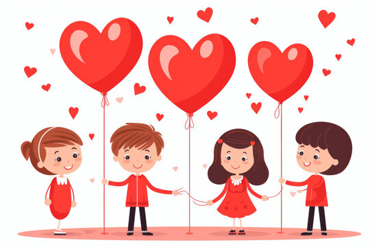 Children with Valentine's Day hearts, simple flat vector illustration, white background --no gradient, shadow --ar 3:2 --stylize 250 --v 5.2 Job ID: 31dc6fa2-7781-4ddd-a680-49016b10fbd8
