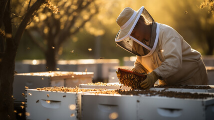 Beekeeper working collect honey. Beekeeping concept. - obrazy, fototapety, plakaty