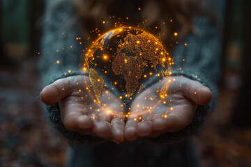 Close up of female hand holding abstract orange world hologram on blurry nature background, Renewable energy. Earth day. Save world. Ecology and environment concept. Global warming.