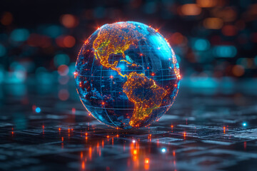 Blue Sphere on Abstract Global Background with Elements of Technology and Fire. symbolizing global connectivity, technological advancement. - obrazy, fototapety, plakaty