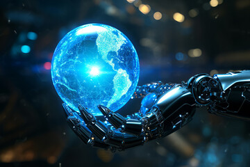 A close up Hand of robot holding glow blue globe hologram on blurred dark background, futuristic concept, artificial intelligence .
