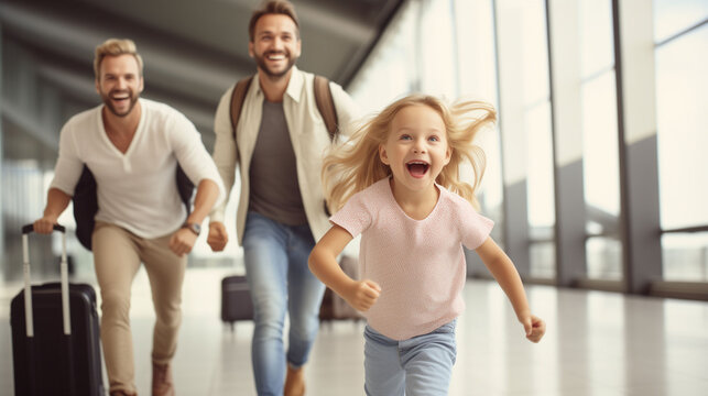 Happy family, gay couple parents, and young daughter excitedly running to catch their plane. AI Generated 