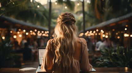 Young freelancer woman using laptop computer sitting at cafe table. Happy Smiling Girl Working Online Or Studying And Learning While Using Notebook.