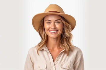smiling woman in summer travel clothes On white background generative ai