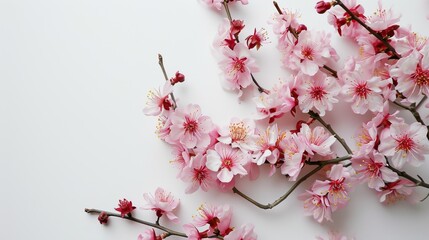 Pink Cherry blossoms branch on white background. Minimalistic design. Copy space