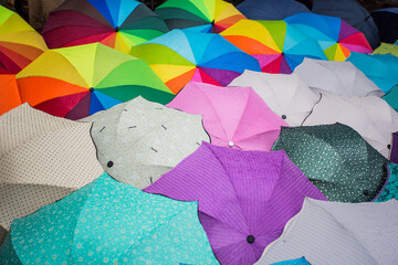 coloured umbrellas in the rain