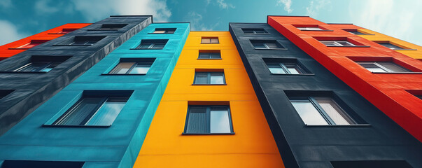 Colourful apartment buildings in big town. Concept of modern city life.