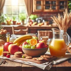 Jug of juice and fruits on the counter, conceptual photo in a kitchen, nature, countryside, balcony, backyard