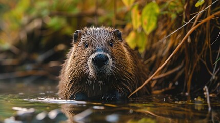 Close-up portrait of a beaver in the water. Created with Generative Ai technology. - obrazy, fototapety, plakaty