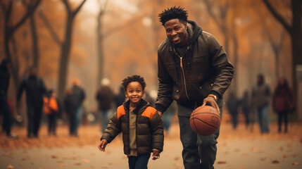 Father Teaching Son How To Play Basketball - obrazy, fototapety, plakaty