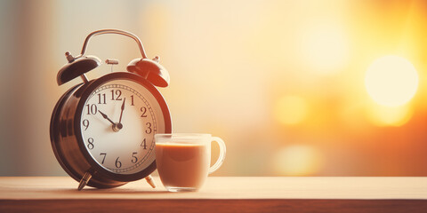 alarm clock and cup of coffee. concept of healthy sleep - obrazy, fototapety, plakaty
