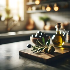 Bottle of olive oil on a table, with a kitchen background blurred in the distance, accompanied by salad, olives, and pasta