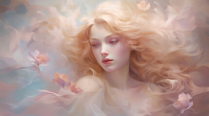 Fototapeta premium Young woman dream future. Calm girl feel dreamy, thoughtful and reflective, make plans or daydream. Visualization and imagination concept. Painting background