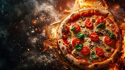 Keuken spatwand met foto Pepperoni pizza in the charcoal oven on black background © vetre