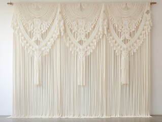 Big white macrame wall decor. Handmade knotted rope wall art, statement piece interior shot
