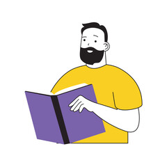 Book reading concept with cartoon people in flat design for web. Man reads open book, researching new intellectual novel in library. Vector illustration for social media banner, marketing material.