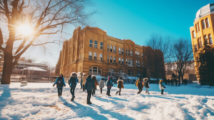 Little kids of elementary class walking to school during snowfall. Happy children having fun and playing with first snow.