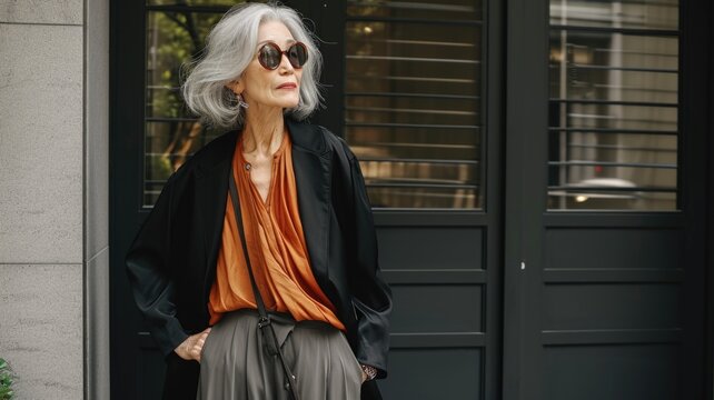 portrait of a stylish Asian woman, 60 years old, wearing sunglasses on the street elegantly dressed in the style of Old Money Aesthetic