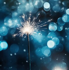 Sparkler on blue bokeh background. New Year and Christmas concept