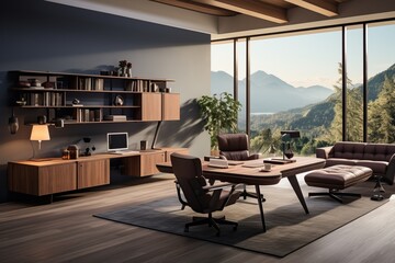 Workspace with spacious, ergonomic desk. Ergonomic furniture design with clean lines