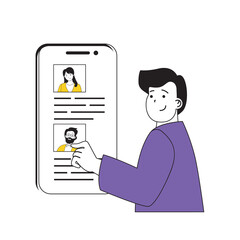 Recruitment concept with cartoon people in flat design for web. Man works as headhunter, looking professional cv of employees in app. Vector illustration for social media banner, marketing material.