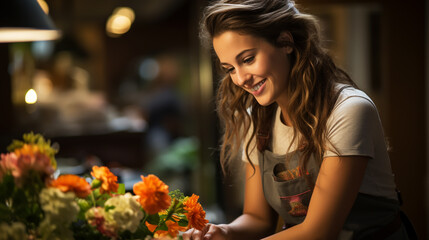 Floristry concept, Woman florist holding flowers with smiling happiness in flower shop.