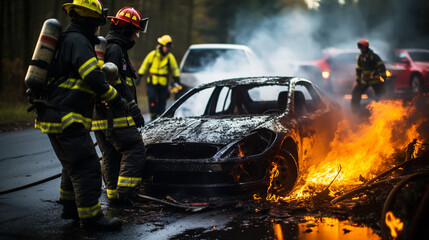 Obraz premium Car Crash Traffic Accident: Paramedics and Firefighters