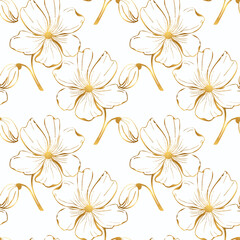 Fototapeta na wymiar Golden floral hand drawn design. Poppies flower with leaves seamless pattern for textile