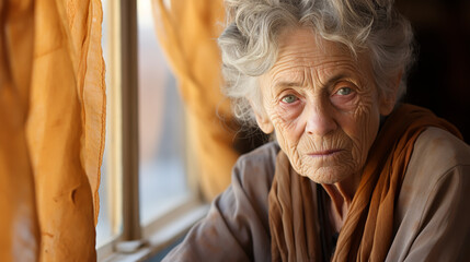 lonely old woman looks out the window - obrazy, fototapety, plakaty
