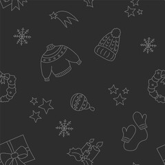 Vector illustration. Happy New Year and Merry Christmas backgraund with hand-drawn New Year and Christmas symbols in sketch style. Festive pattern for textiles, wallpaper, packaging, wrapping paper.