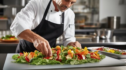 Skilled chef expertly preparing vibrant vegetable salad in modern restaurant s well lit kitchen