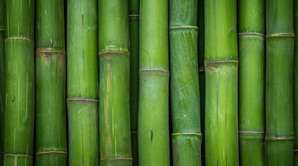 The image presents a detailed texture of bamboo stalks, emphasizing the smooth green surfaces and natural patterns.