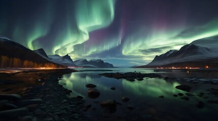 norwegian aurora borealis over the lake - obrazy, fototapety, plakaty