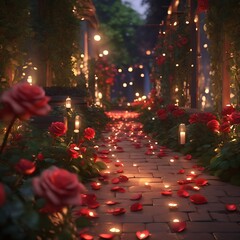 Dreamlike atmosphere with an evening pathway strewn with red rose petals ,creating a magical and enchanting scene. Generative AI
