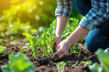 Nurturing Growth: Gardener Tending to Young Salad Plants