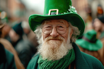 An elderly man embodies the St. Patrick's Day festivities with a warm smile - obrazy, fototapety, plakaty