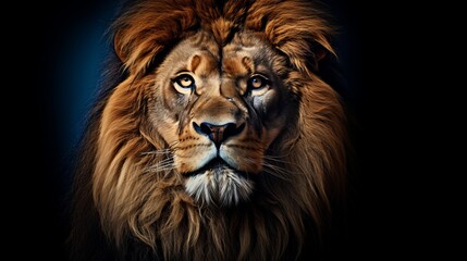Majestic lion with radiant mane standing alone on black background, captivating wildlife portrait