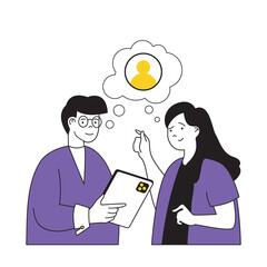 Recruitment concept with cartoon people in flat design for web. Woman and man discussing new candidate to open vacancy and contract. Vector illustration for social media banner, marketing material.