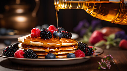 Honey is pouring onto delicious pancakes on a plate with berries on table.