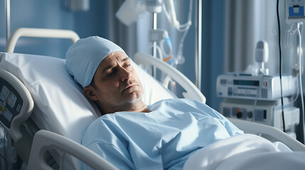 In the Hospital Sick Male Patient Sleeps on the Bed. Heart Rate Monitor Equipment