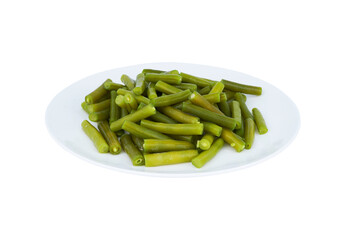 Boiled green beans in white place top view isolated on white background with png.